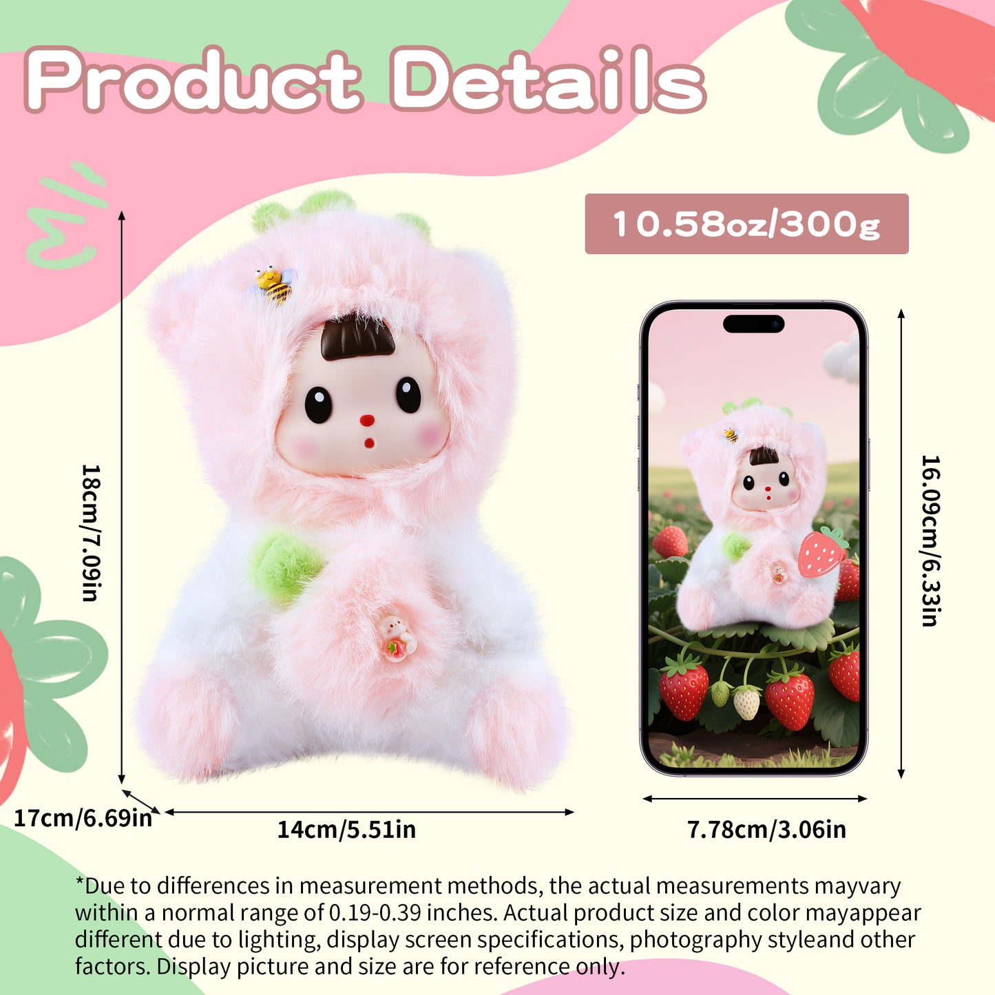 Kawaii Pink Strawberry Cat Plush Doll with Vinyl Face – Adorable 7-Inch Stuffed Animal, Soft Cotton Cuddly Toy for Kids, Teens & Women, Cute Collectible Gift for Birthday, Christmas, Room or Car Décor