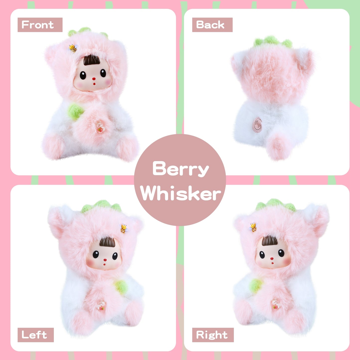 Kawaii Pink Strawberry Cat Plush Doll with Vinyl Face – Adorable 7-Inch Stuffed Animal, Soft Cotton Cuddly Toy for Kids, Teens & Women, Cute Collectible Gift for Birthday, Christmas, Room or Car Décor