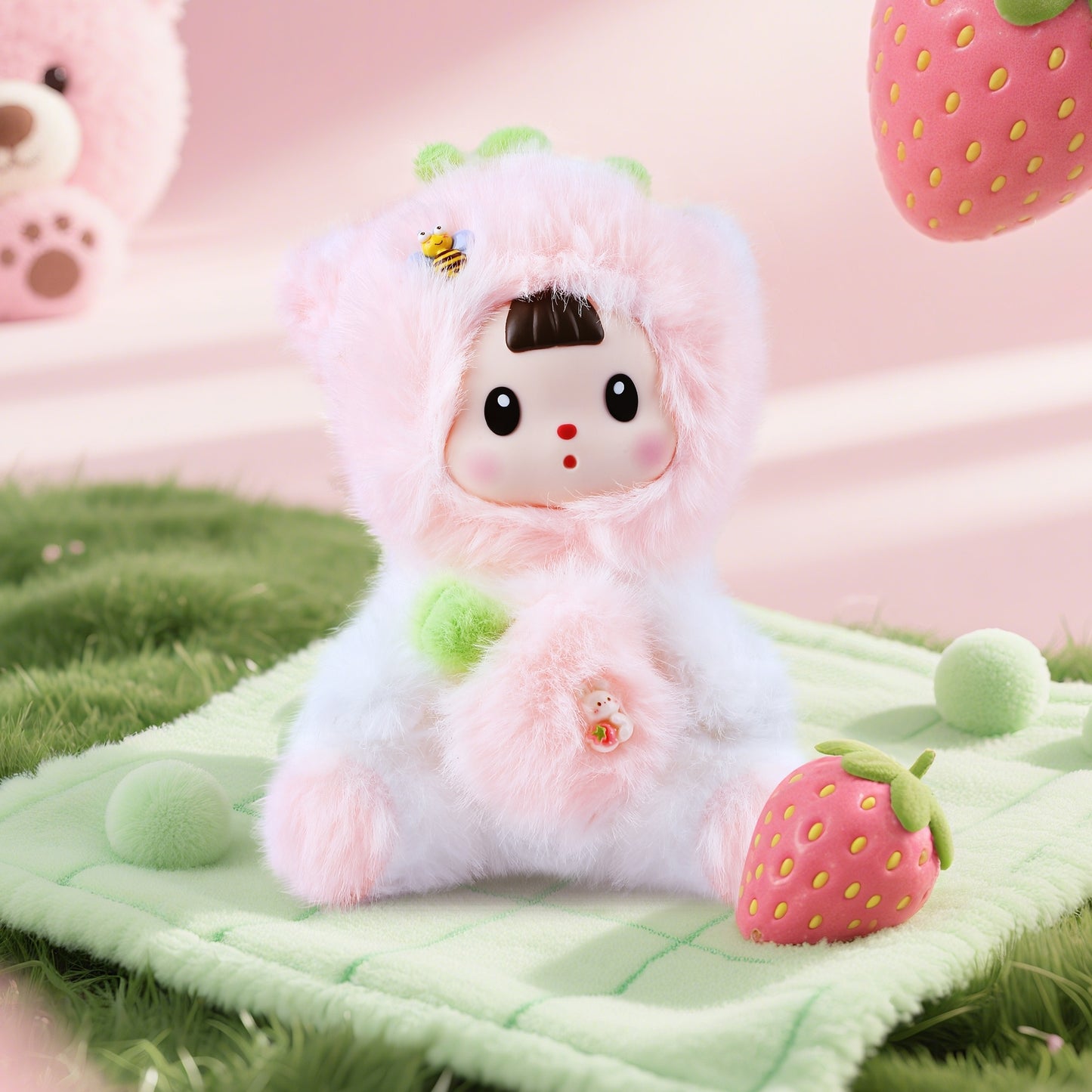 Kawaii Pink Strawberry Cat Plush Doll with Vinyl Face – Adorable 7-Inch Stuffed Animal, Soft Cotton Cuddly Toy for Kids, Teens & Women, Cute Collectible Gift for Birthday, Christmas, Room or Car Décor