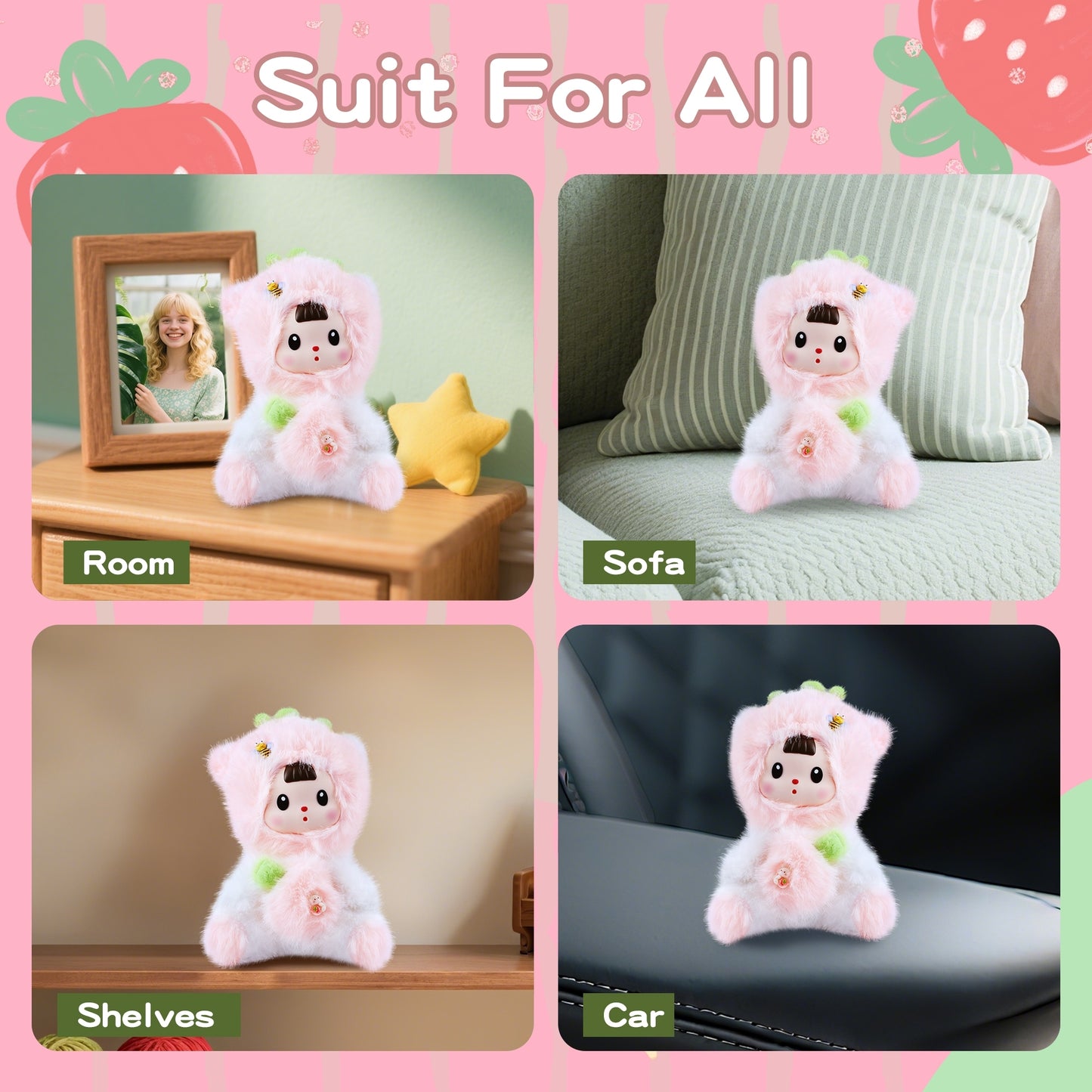 Kawaii Pink Strawberry Cat Plush Doll with Vinyl Face – Adorable 7-Inch Stuffed Animal, Soft Cotton Cuddly Toy for Kids, Teens & Women, Cute Collectible Gift for Birthday, Christmas, Room or Car Décor