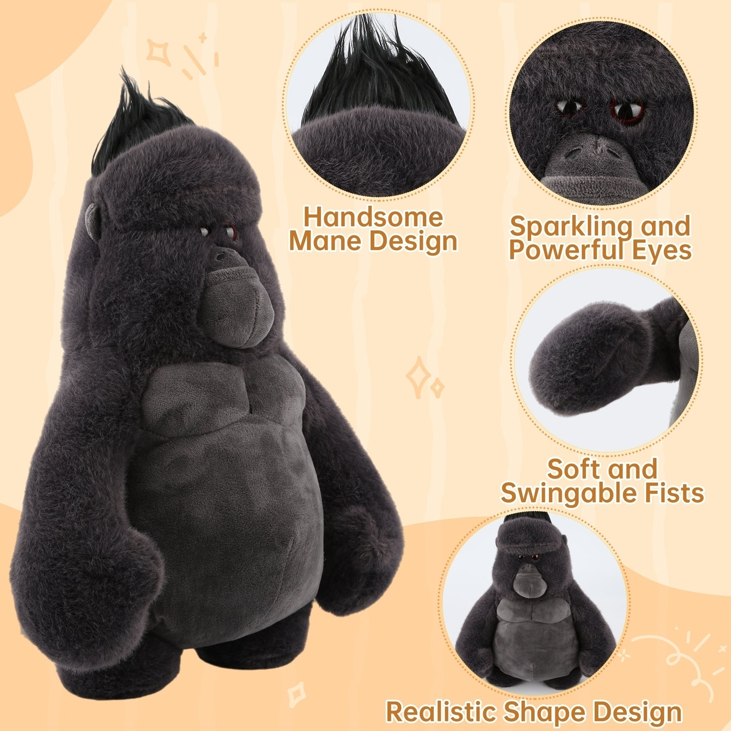 Gorilla Stuffed Animal Plush Toy 23" – Realistic Black Monkey Plush for Kids, Teens & Adults | Soft Huggable Pillow Plushie for Bedtime, Travel, Sofa & Room Décor | Cute Gift for Birthday, Christmas, Valentine