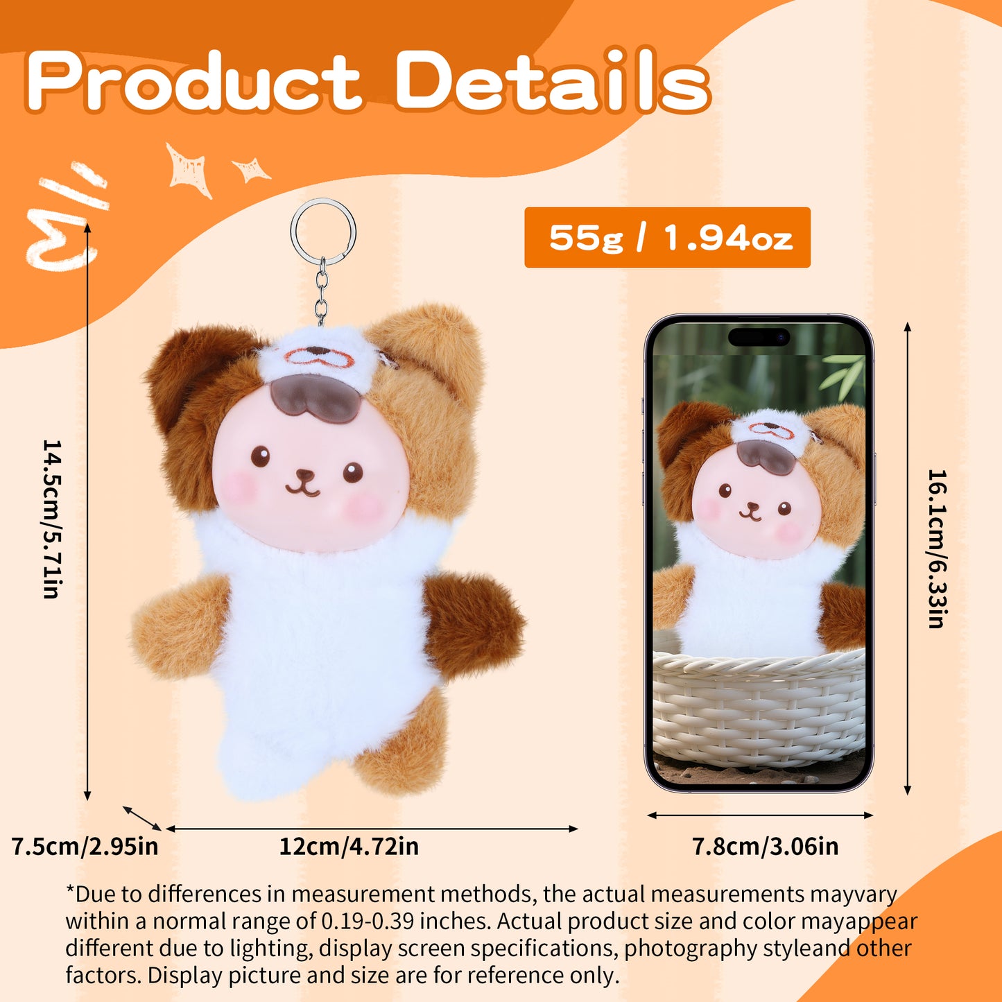 Kawaii Plush Doll Kitty Keyring – White Brown Cat Plush Toy with Vinyl Face, Soft Stuffed Animal Plushie for Kids, Teens & Women, Cute Keychain Pendant, Bag Charm, Car Décor & Collectible Gift