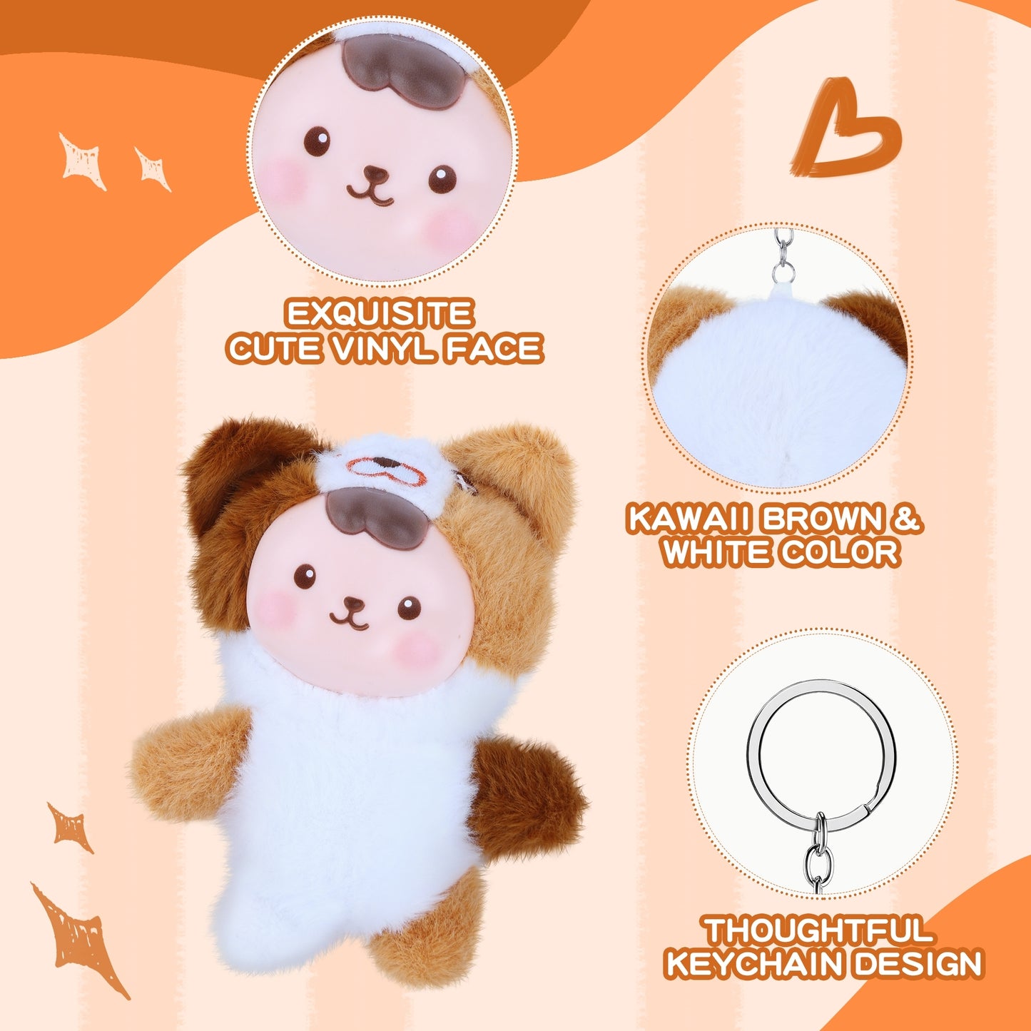 Kawaii Plush Doll Kitty Keyring – White Brown Cat Plush Toy with Vinyl Face, Soft Stuffed Animal Plushie for Kids, Teens & Women, Cute Keychain Pendant, Bag Charm, Car Décor & Collectible Gift