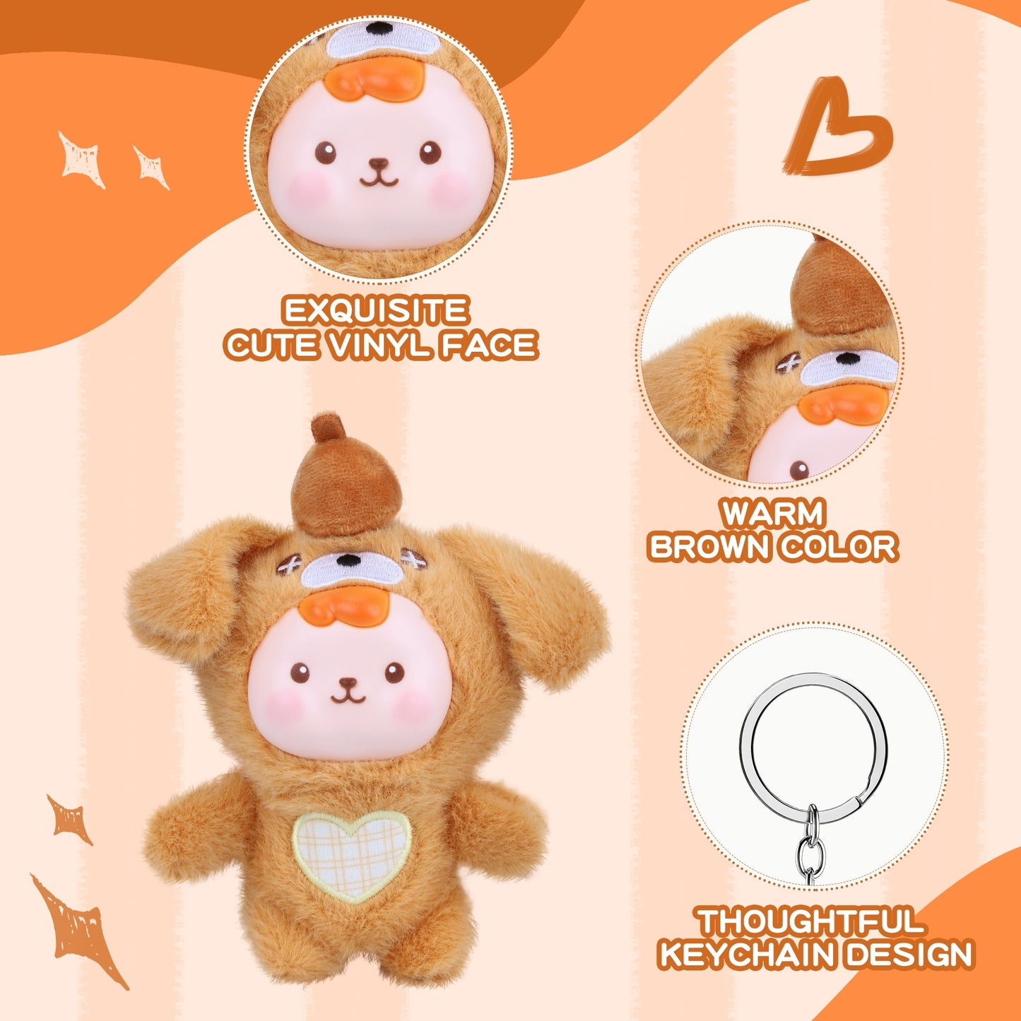 Kawaii Brown Puppy Plush Doll Keyring – Cute Dog Plush Toy with Vinyl Face & Heart Embroidery, Soft Stuffed Animal Keychain for Girls, Boys, Teens & Women, Collectible Plushie Gift, Bag Charm & Car Décor