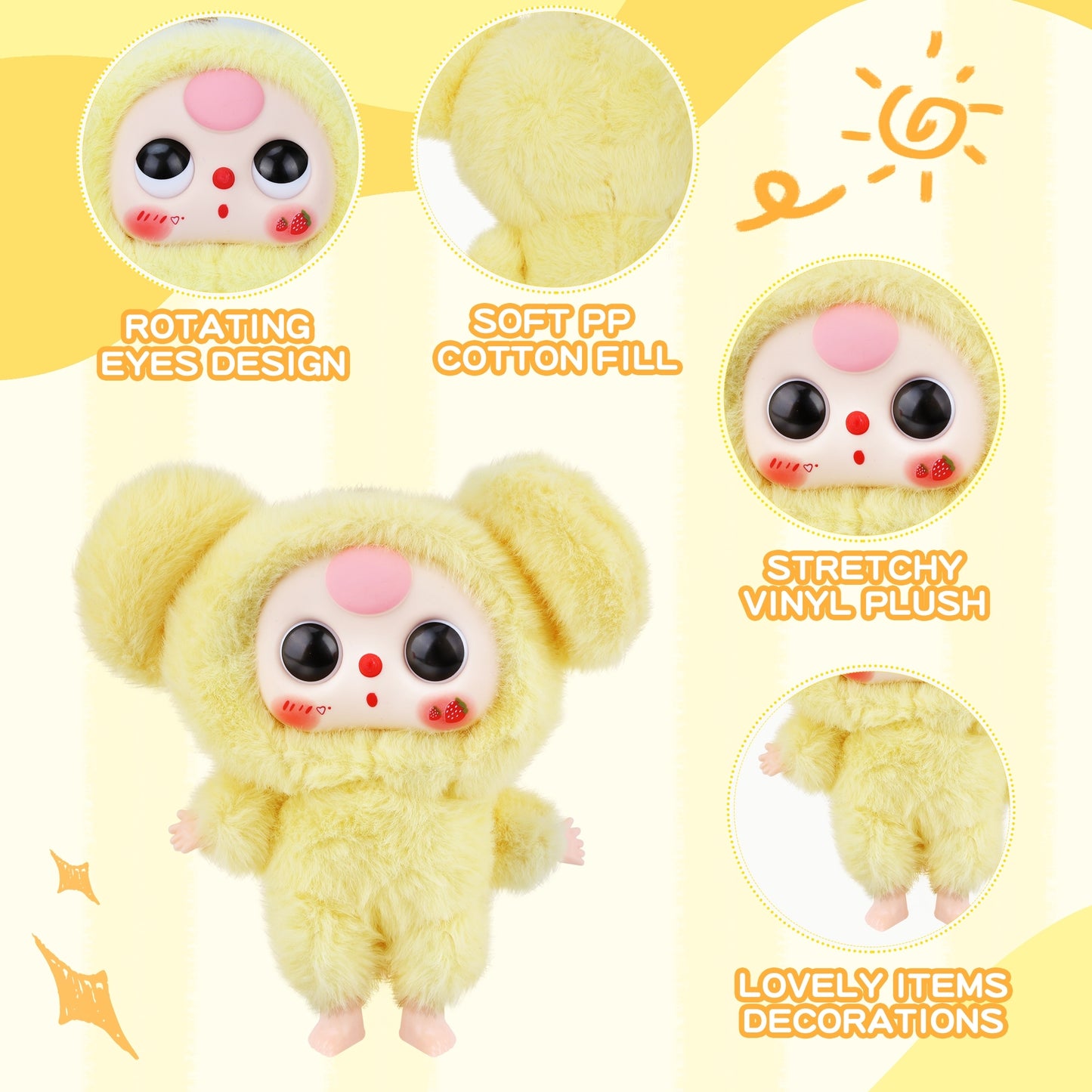 Kawaii Macaron Yellow Bunny Plush Pendant – Cute Stuffed Animal with Vinyl Face & Rotatable Eyes, Soft Collectible Doll Toy for Girls, Boys, Teens, Women, Birthday & Holiday Gifts, Bag Charm, Home & Car Décor