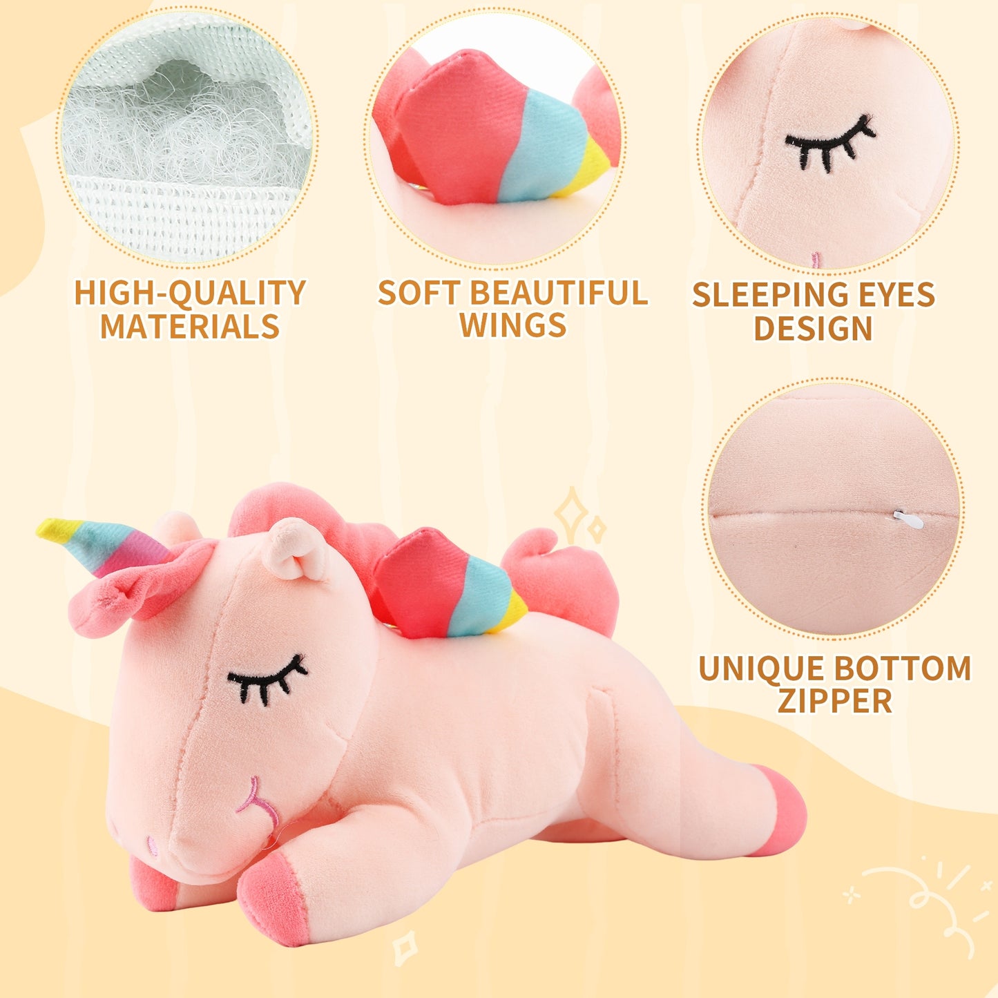 Pink Sleeping Unicorn Plush Toy 11.8 Inches – Soft Alicorn Stuffed Animal with Cotton Plush Stuffing, Cute Huggable Hugging Pillow for Kids, Girls, Women, Girlfriend, Birthday, Christmas, Valentine, Kawaii Room Decor, Perfect Gift