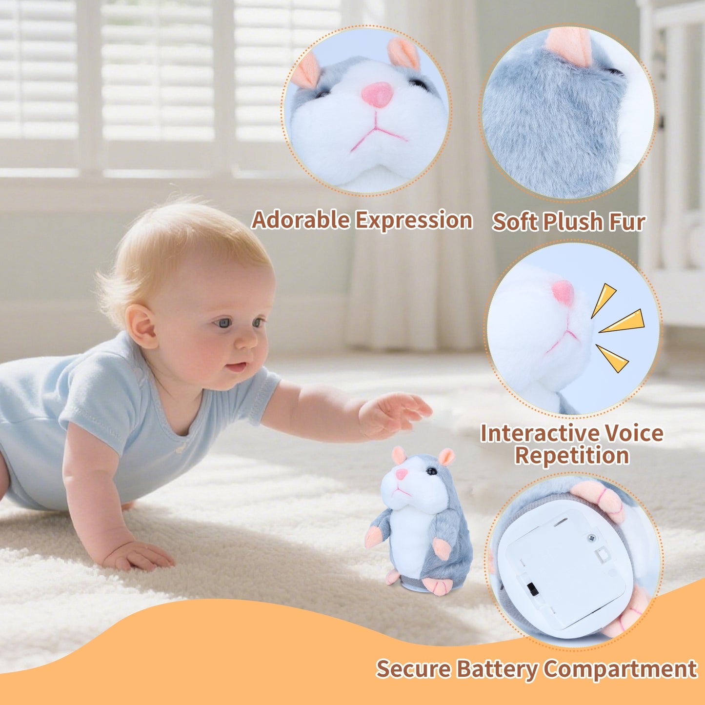 Talking Hamster Toy That Repeats What You Say – Interactive Plush Hamster Stuffed Animal for Kids, Funny Talking Toy for Toddlers, Educational Speech Therapy Plush Gift, Soft Gray Hamster for Boys & Girls