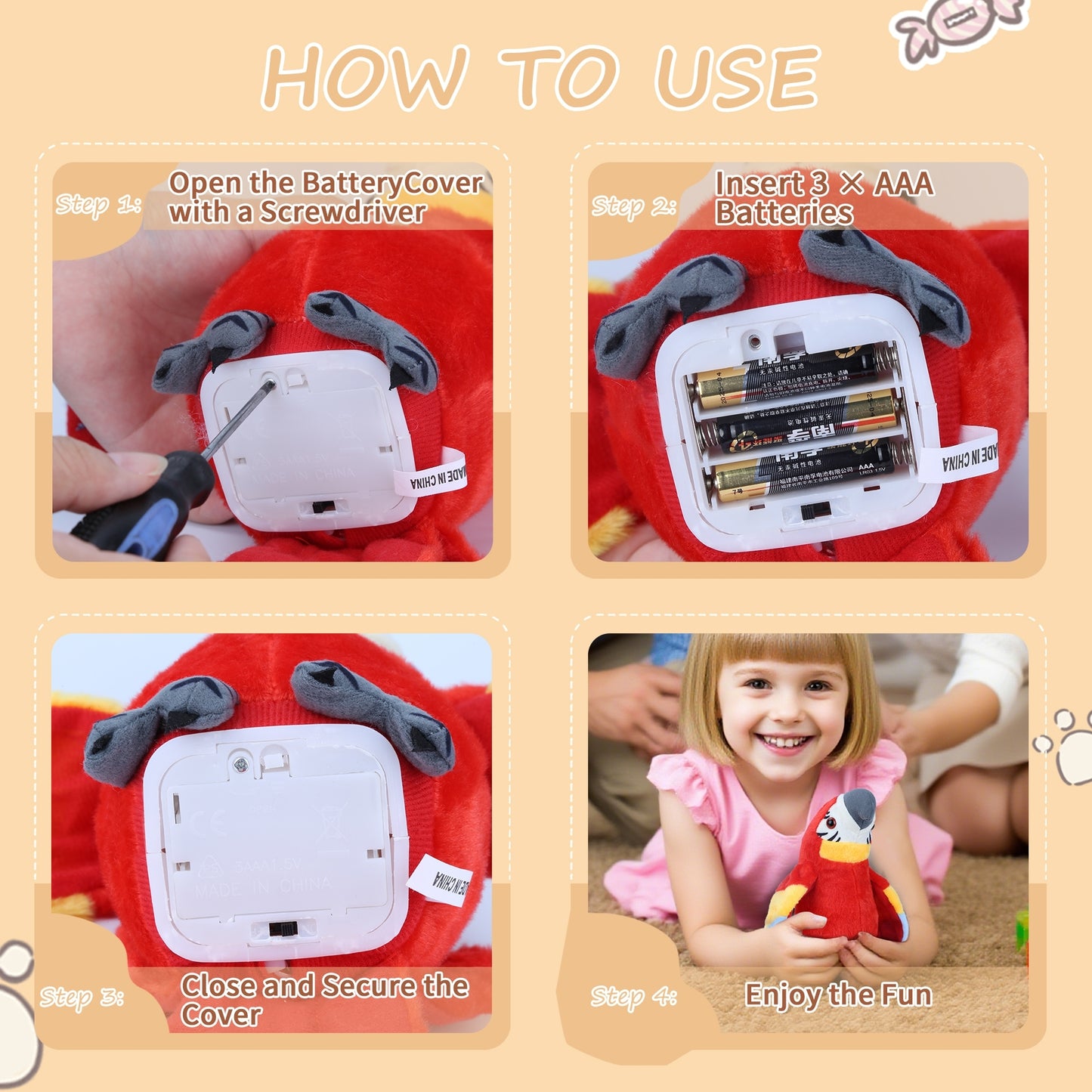 Talking Parrot Toy – Interactive Plush Parrot That Repeats What You Say with Flapping Wings | Funny Recording Talking Bird Stuffed Animal for Toddlers, Kids & Babies – Red