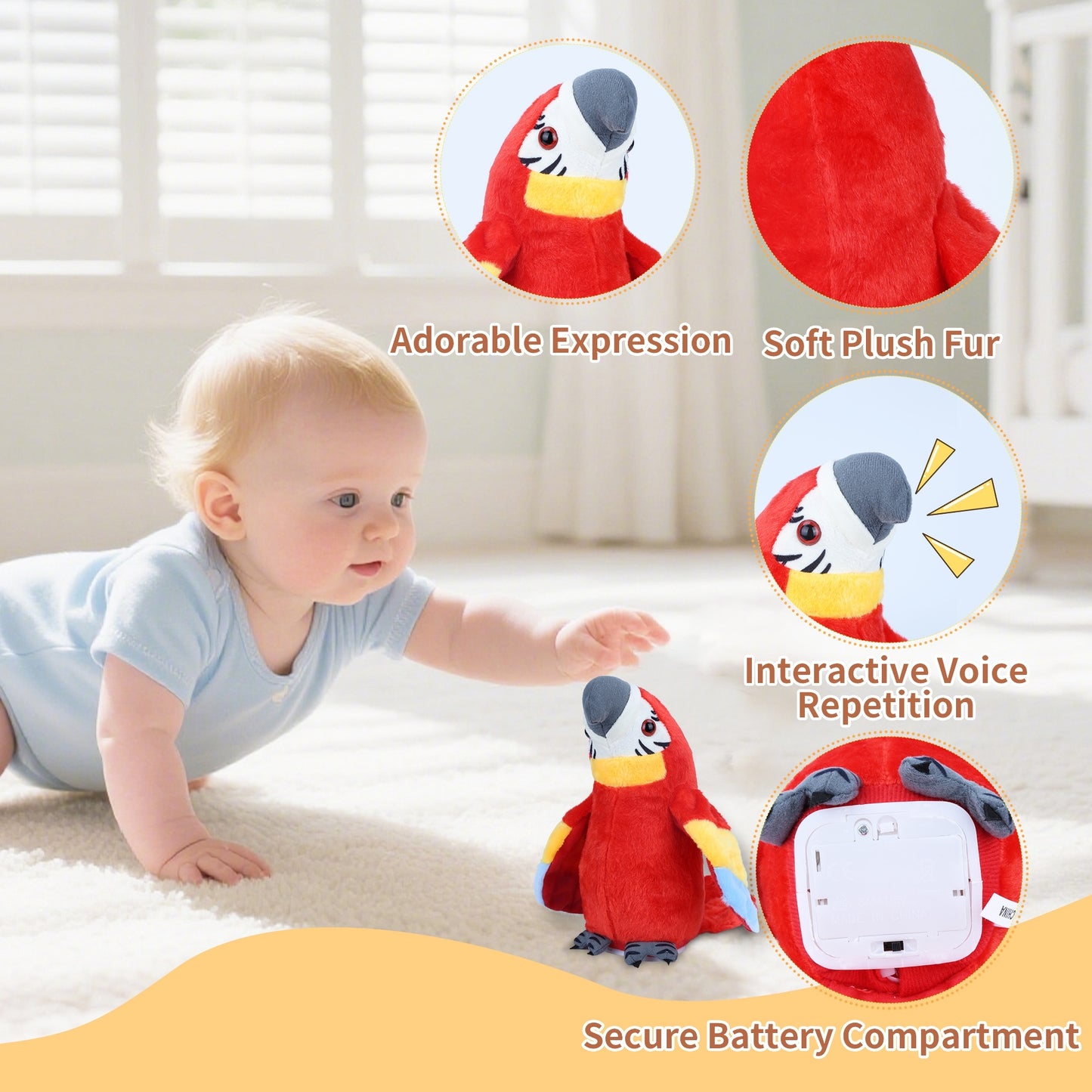 Talking Parrot Toy – Interactive Plush Parrot That Repeats What You Say with Flapping Wings | Funny Recording Talking Bird Stuffed Animal for Toddlers, Kids & Babies – Red