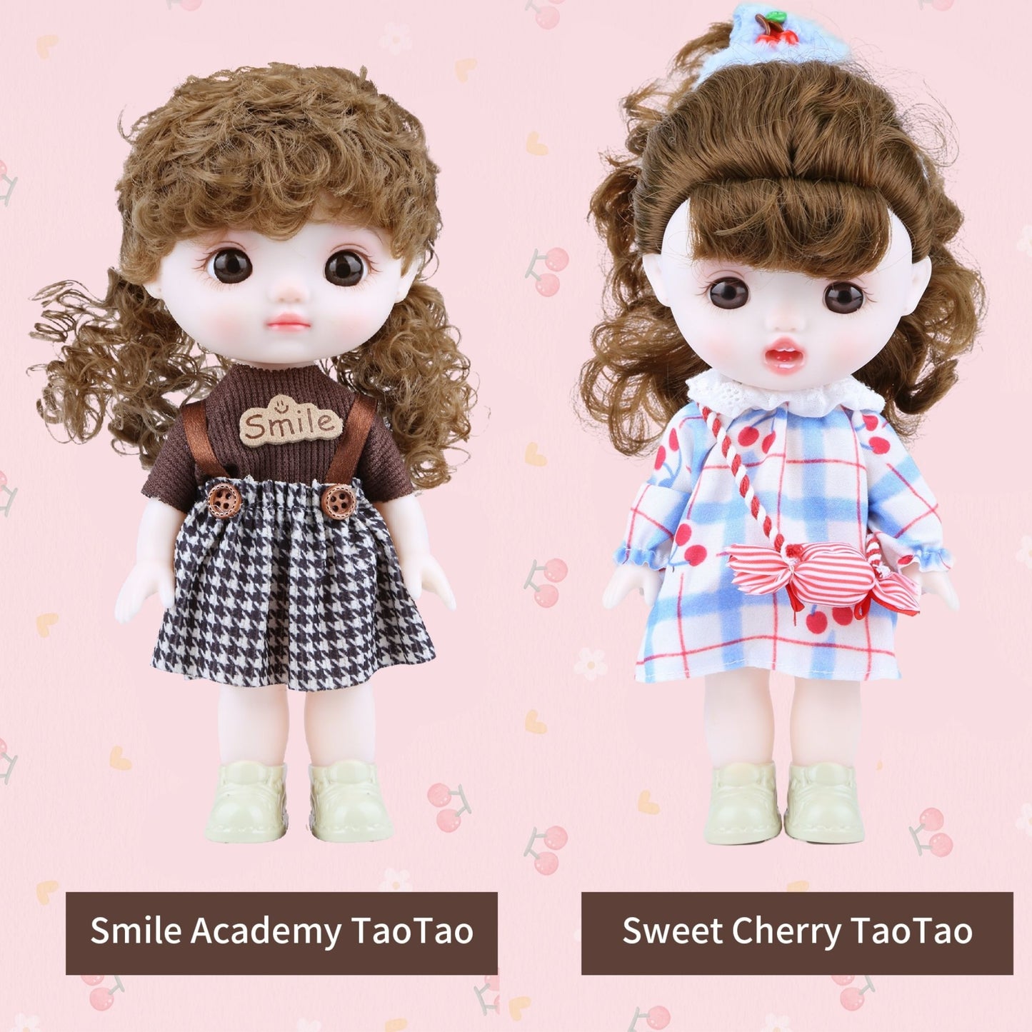 TaoTao Kawaii Vinyl Plush Doll 8.6" – Brown Curly Hair Princess with Blue Dress | Collectible Jointed Toy & Emotional Support Gift for Girls, Teens, Friends