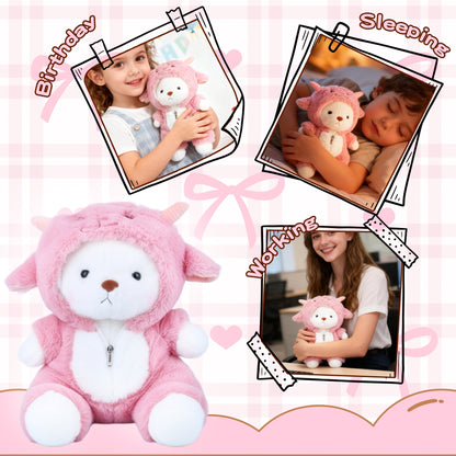 13’’ Pink Lamb Teddy Bear Plush Toy – Soft Stuffed Animal with Removable Hoodie & Movable Legs | Kawaii Emotional Support Plush Gift for Kids, Girls & Loved Ones