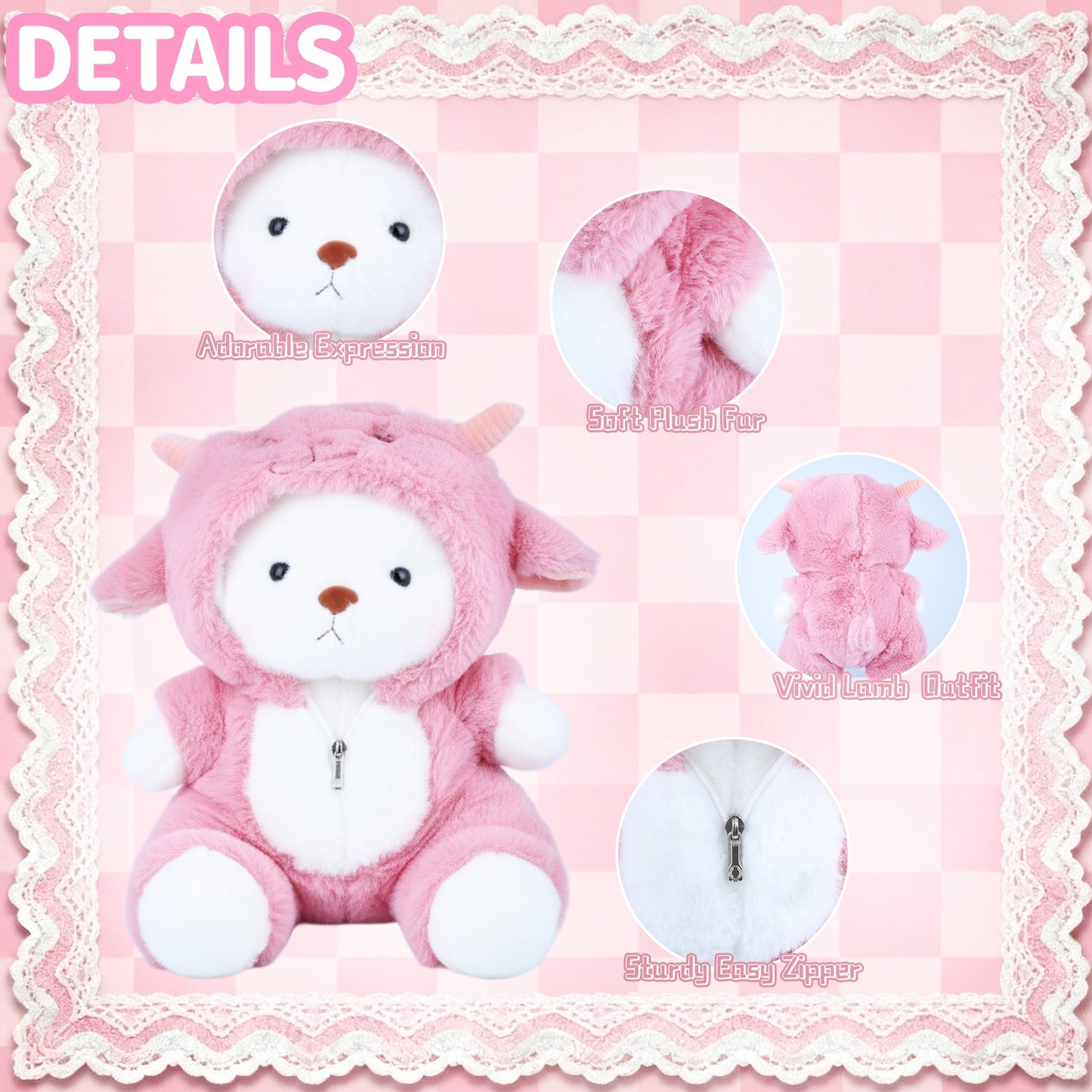 13’’ Pink Lamb Teddy Bear Plush Toy – Soft Stuffed Animal with Removable Hoodie & Movable Legs | Kawaii Emotional Support Plush Gift for Kids, Girls & Loved Ones