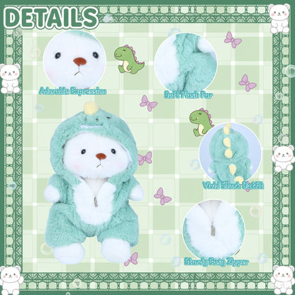 Teddy Bear Stuffed Animal with Removable Dinosaur Hoodie – 13'' Soft Plush Toy with Movable Legs, Cute Emotional Support Teddy Bear Gift for Kids, Girls & Adults