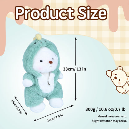 Teddy Bear Stuffed Animal with Removable Dinosaur Hoodie – 13'' Soft Plush Toy with Movable Legs, Cute Emotional Support Teddy Bear Gift for Kids, Girls & Adults