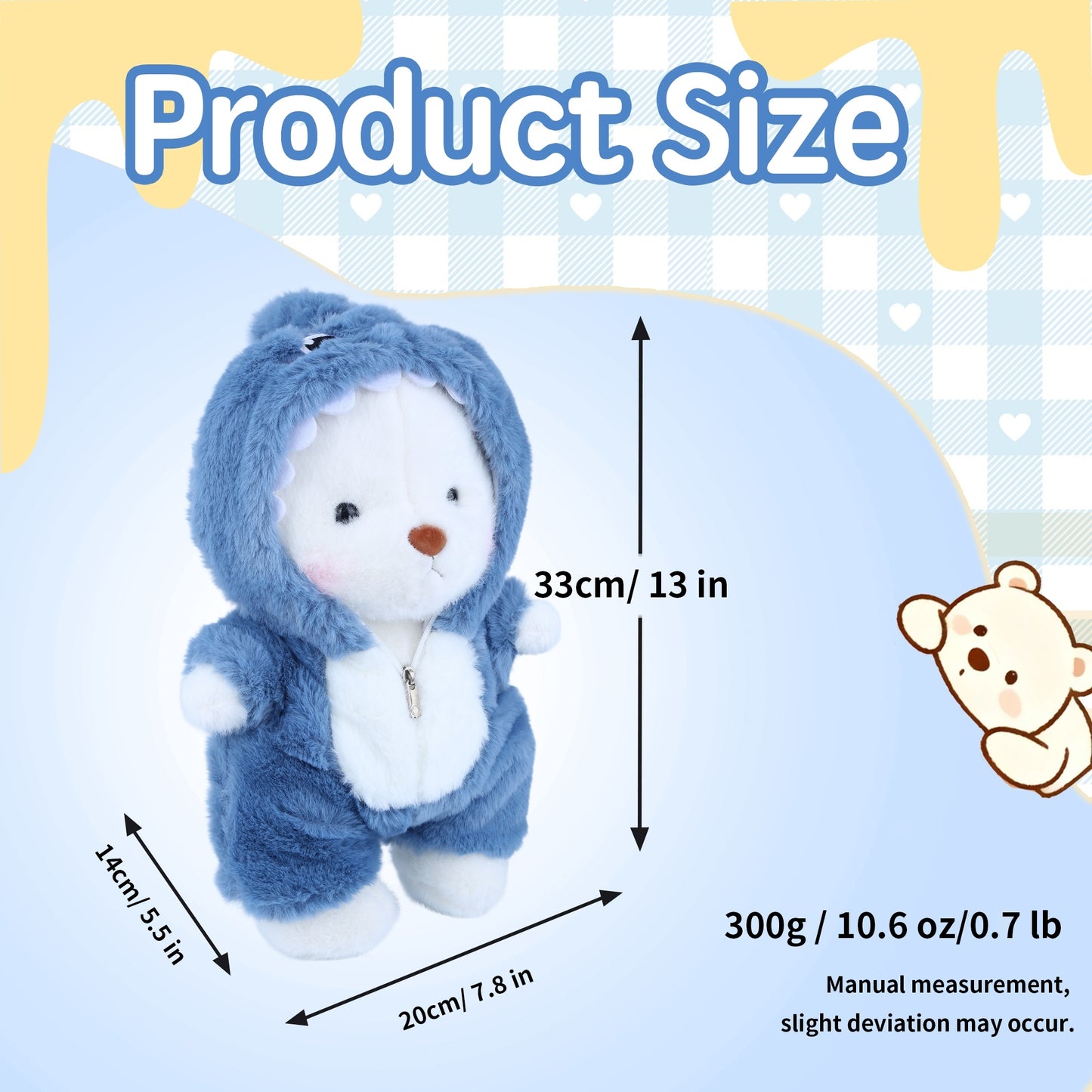 Teddy Bear Stuffed Animal with Removable Blue Shark Hoodie – 13'' Soft Plush Toy with Movable Legs, Cute Emotional Support Plushie Gift for Kids, Girls & Adults