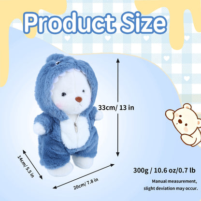 Teddy Bear Stuffed Animal with Removable Blue Shark Hoodie – 13'' Soft Plush Toy with Movable Legs, Cute Emotional Support Plushie Gift for Kids, Girls & Adults