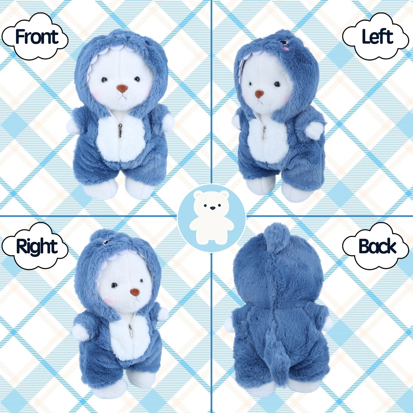 Teddy Bear Stuffed Animal with Removable Blue Shark Hoodie – 13'' Soft Plush Toy with Movable Legs, Cute Emotional Support Plushie Gift for Kids, Girls & Adults