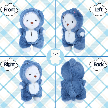 Teddy Bear Stuffed Animal with Removable Blue Shark Hoodie – 13'' Soft Plush Toy with Movable Legs, Cute Emotional Support Plushie Gift for Kids, Girls & Adults