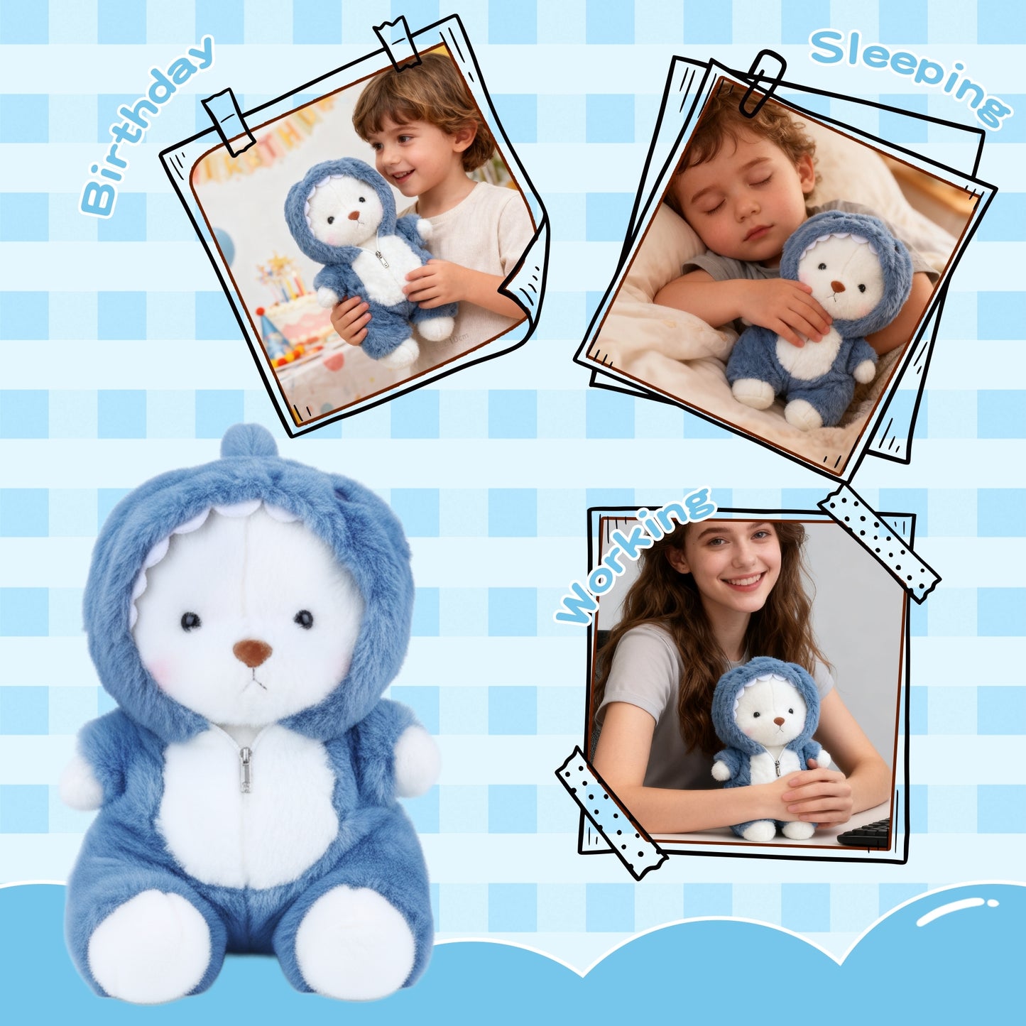 Teddy Bear Stuffed Animal with Removable Blue Shark Hoodie – 13'' Soft Plush Toy with Movable Legs, Cute Emotional Support Plushie Gift for Kids, Girls & Adults