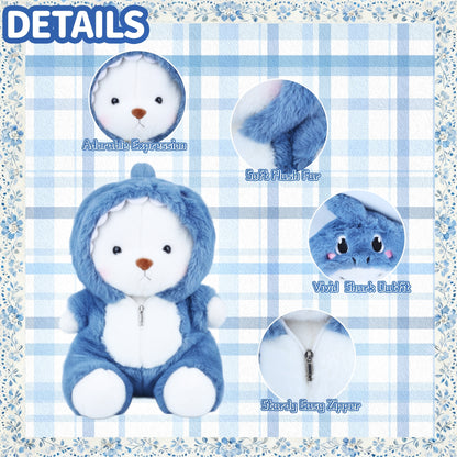 Teddy Bear Stuffed Animal with Removable Blue Shark Hoodie – 13'' Soft Plush Toy with Movable Legs, Cute Emotional Support Plushie Gift for Kids, Girls & Adults