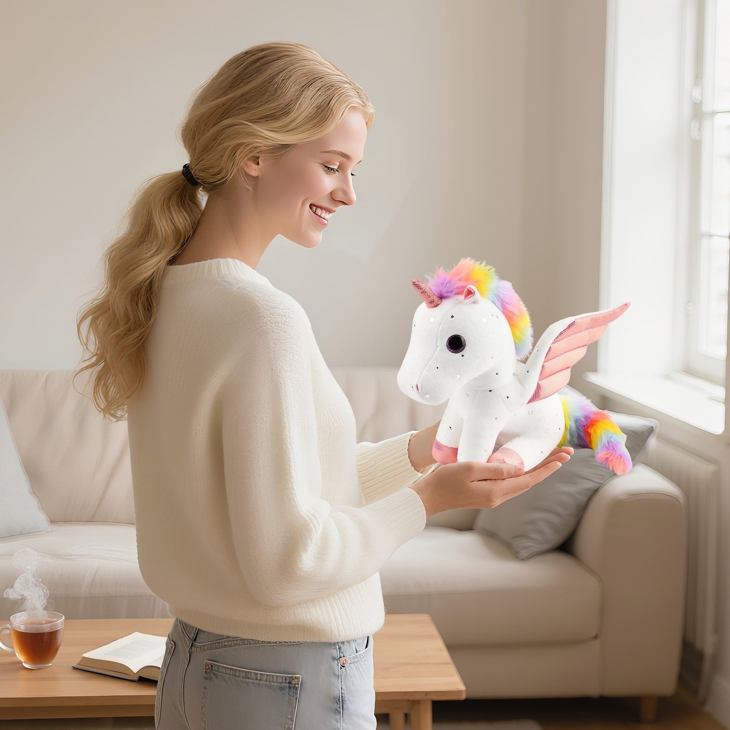 Unicorn Stuffed Animal Plush with Rainbow Mane & Sparkling Wings – 11.8'' Soft White Unicorn Plushie, Cute Hugging Pillow Gift for Kids, Girls, Women, Birthday, Christmas, Valentine