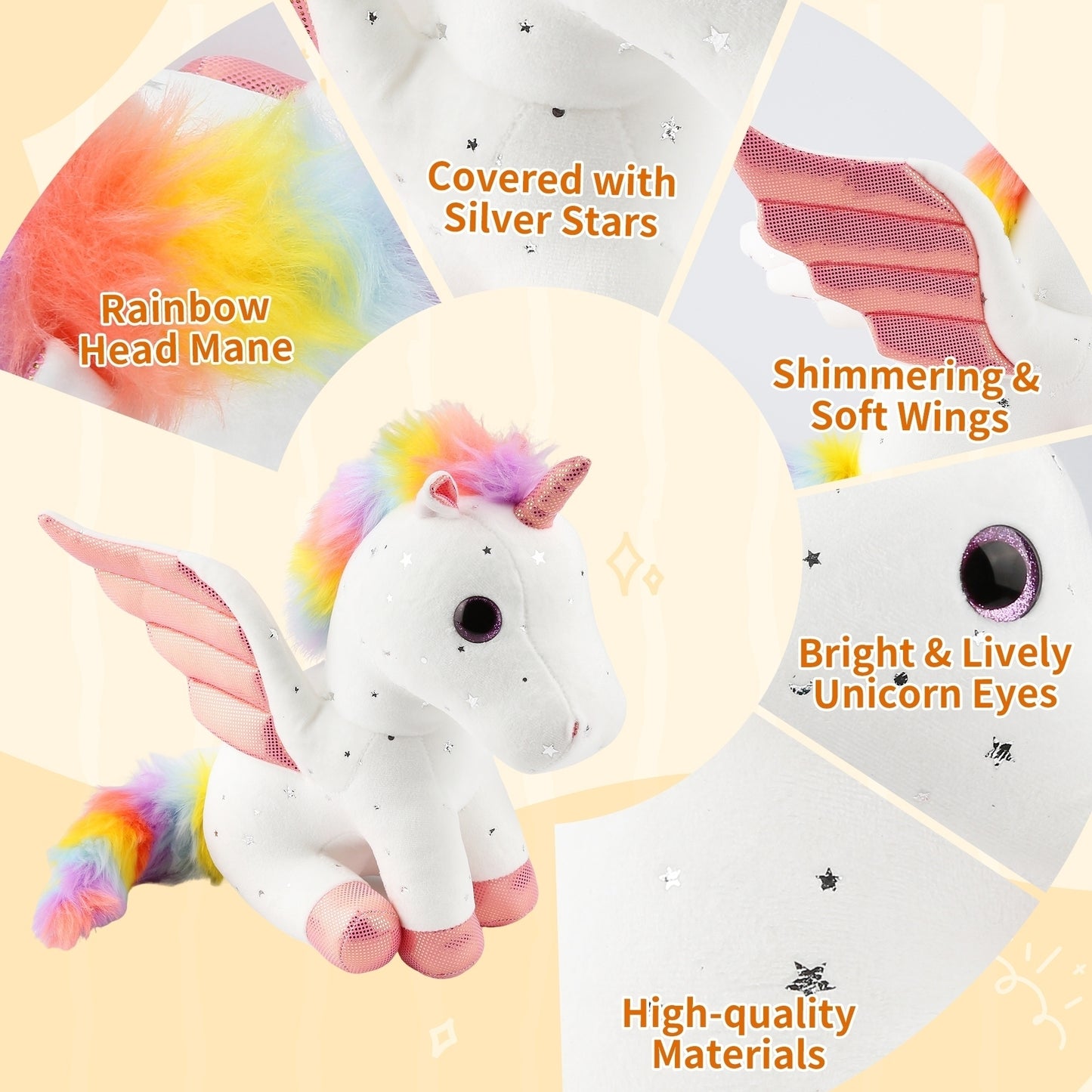 Unicorn Stuffed Animal Plush with Rainbow Mane & Sparkling Wings – 11.8'' Soft White Unicorn Plushie, Cute Hugging Pillow Gift for Kids, Girls, Women, Birthday, Christmas, Valentine