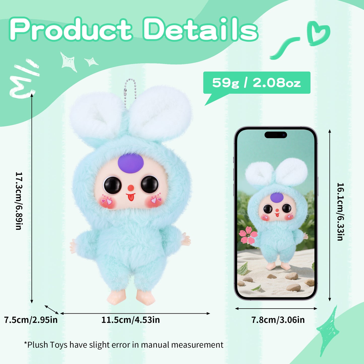 Kawaii Macaron Green Bunny Plush Doll with Vinyl Face – Cute Stuffed Animal Toy with Rotatable Eyes, Soft Collectible Figure for Girls, Boys, Teens, Women, Birthday & Holiday Gifts, Home & Car Décor