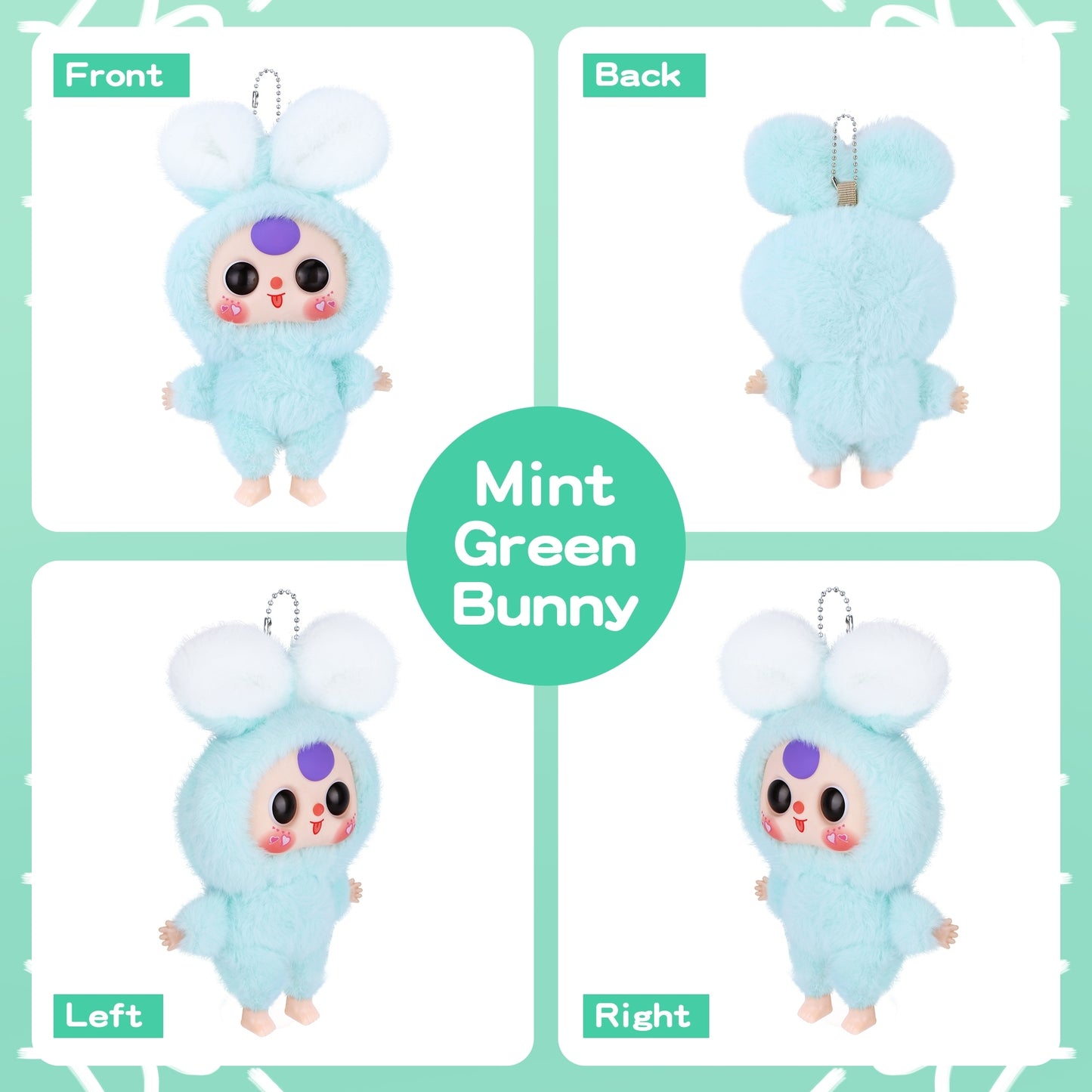 Kawaii Macaron Green Bunny Plush Doll with Vinyl Face – Cute Stuffed Animal Toy with Rotatable Eyes, Soft Collectible Figure for Girls, Boys, Teens, Women, Birthday & Holiday Gifts, Home & Car Décor