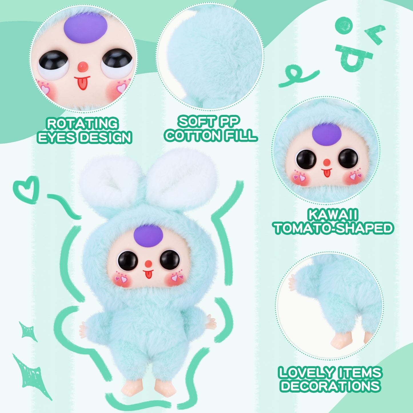 Kawaii Macaron Green Bunny Plush Doll with Vinyl Face – Cute Stuffed Animal Toy with Rotatable Eyes, Soft Collectible Figure for Girls, Boys, Teens, Women, Birthday & Holiday Gifts, Home & Car Décor