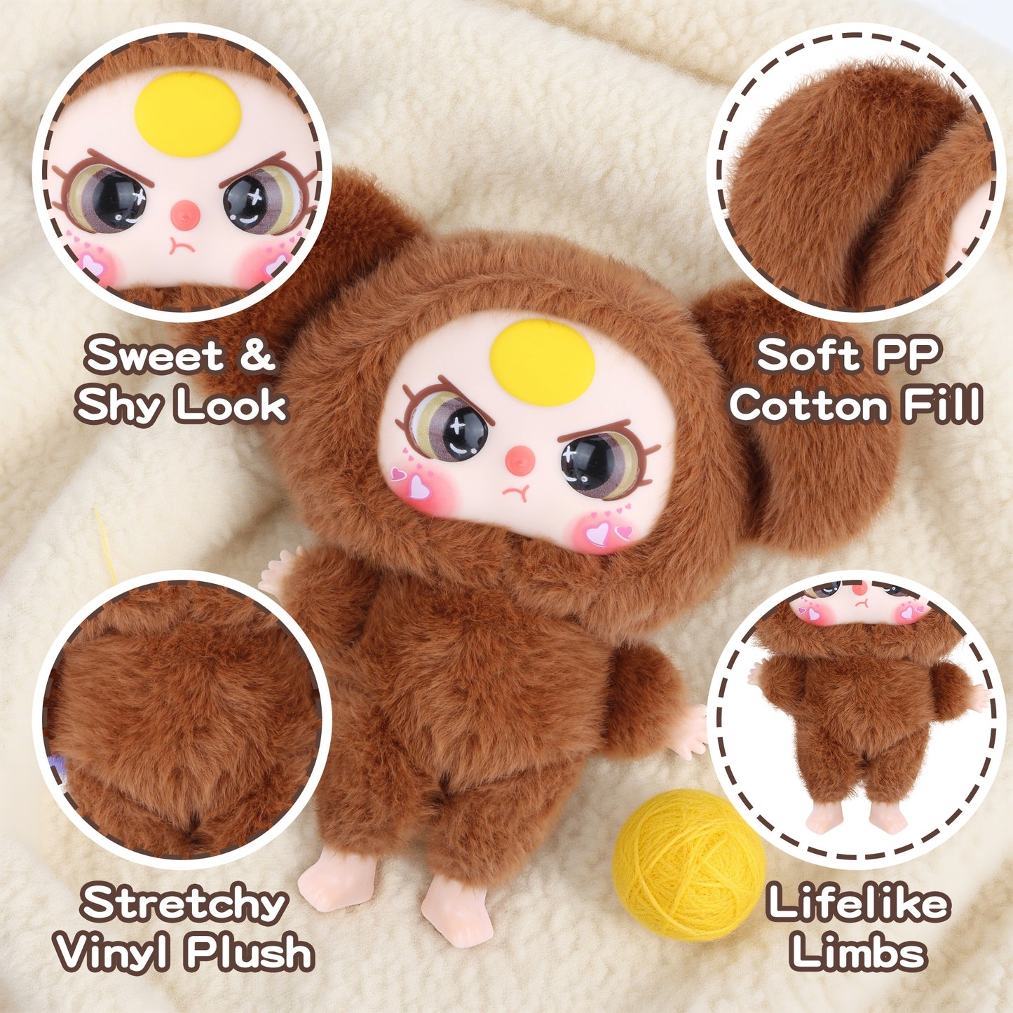 Kawaii Vinyl Plush Bunny Doll – Macaron Brown Cute Stuffed Animal with Vivid Expression, Soft Plush Toy for Collectors, Room & Car Décor, Bag Charm, Perfect Gift for Girls, Boys & Teens