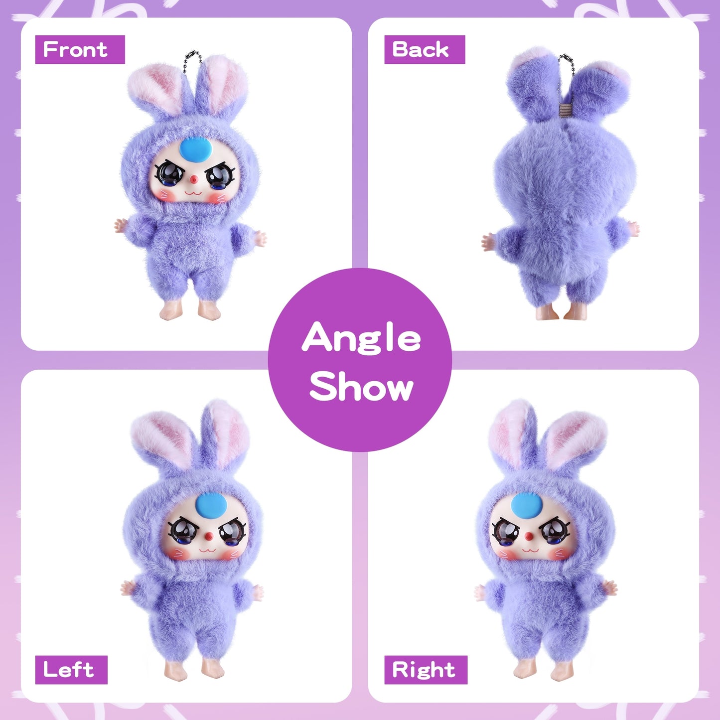 Kawaii Vinyl Plush Bunny Doll – Macaron Purple Cute Stuffed Animal with Vivid Expression, Soft Plush Toy for Girls, Teens & Collectors, Keychain Pendant & Cozy Room or Car Décor Gift