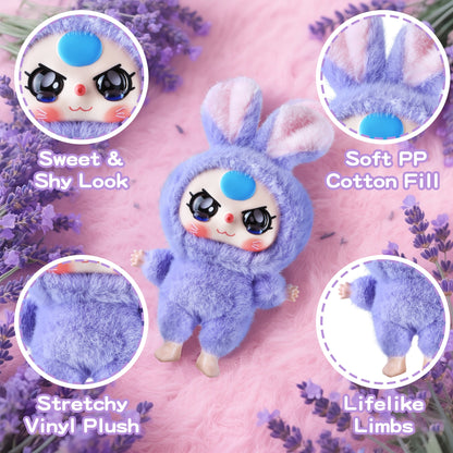 Kawaii Vinyl Plush Bunny Doll – Macaron Purple Cute Stuffed Animal with Vivid Expression, Soft Plush Toy for Girls, Teens & Collectors, Keychain Pendant & Cozy Room or Car Décor Gift