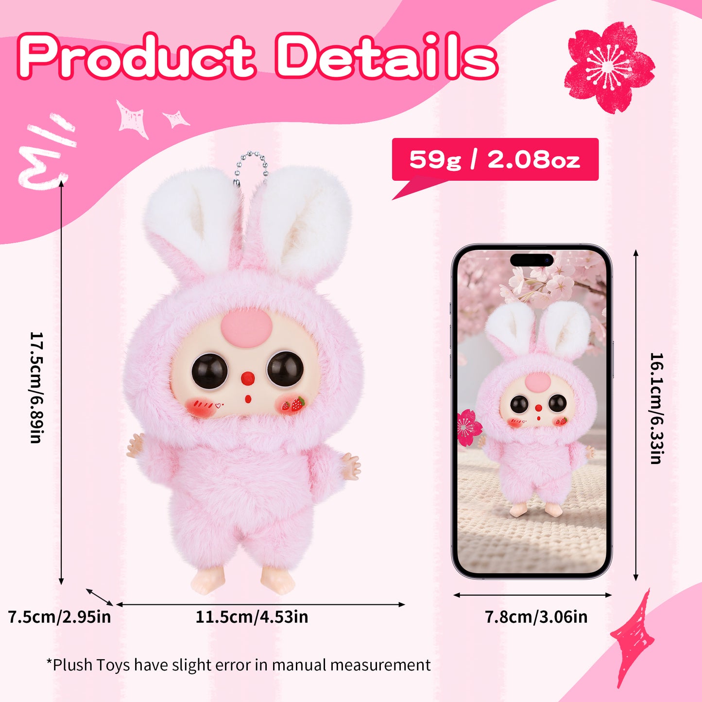Kawaii Macaron Pink Bunny Plush Pendant – Stuffed Animal with Vinyl Face & Rotatable Eyes, Cute Collectible Doll Toy for Girls, Boys, Teens, Women, Birthday & Holiday Gifts, Bag Charm, Home & Car Décor