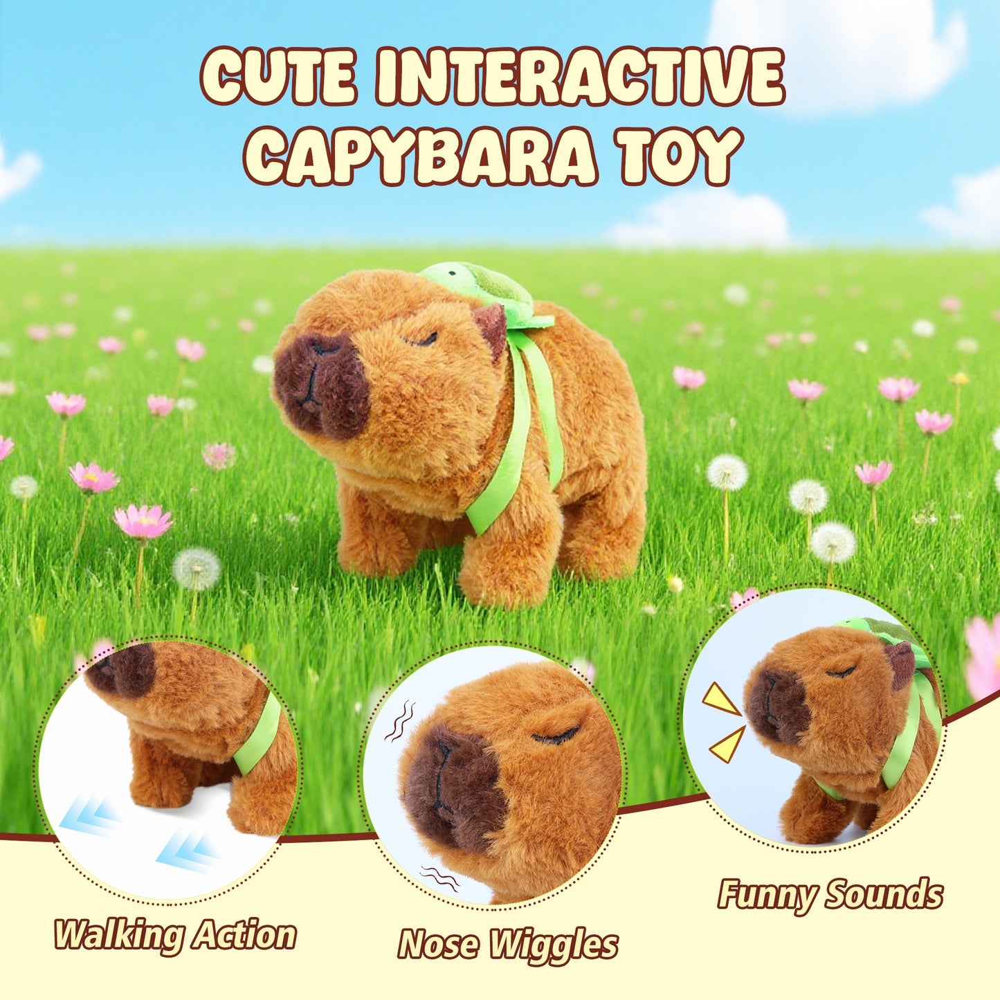 Brown Walking Capybara Plush – 6.3" Interactive Stuffed Animal with Removable Turtle Backpack, Sound & Movement | Soft Cute Gift for Kids