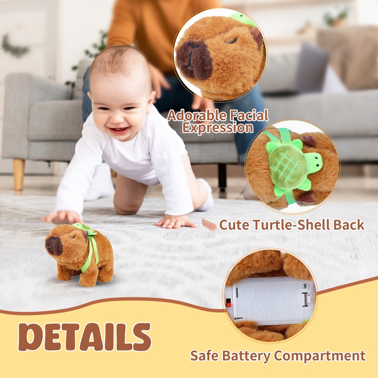 Brown Walking Capybara Plush – 6.3" Interactive Stuffed Animal with Removable Turtle Backpack, Sound & Movement | Soft Cute Gift for Kids
