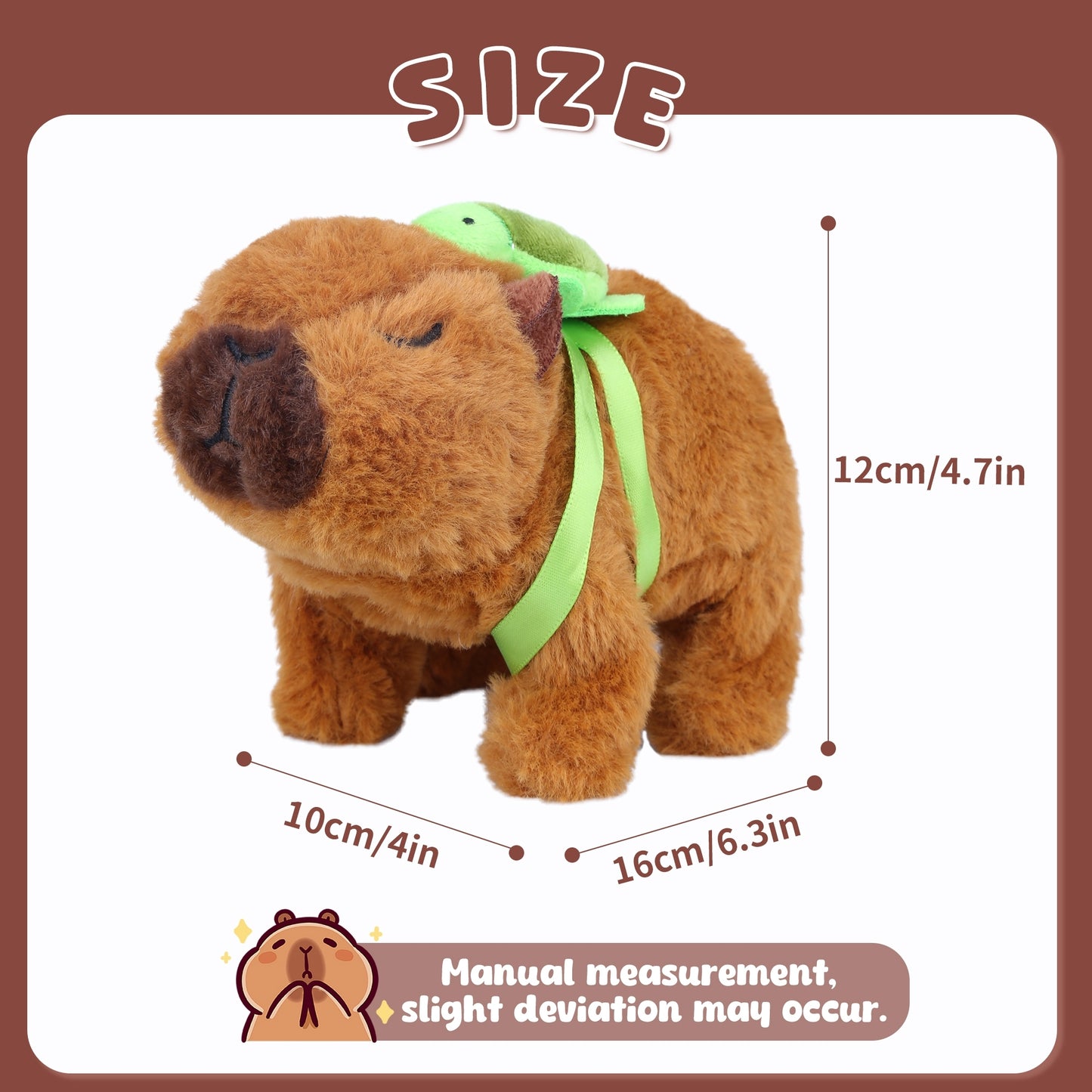 Brown Walking Capybara Plush – 6.3" Interactive Stuffed Animal with Removable Turtle Backpack, Sound & Movement | Soft Cute Gift for Kids