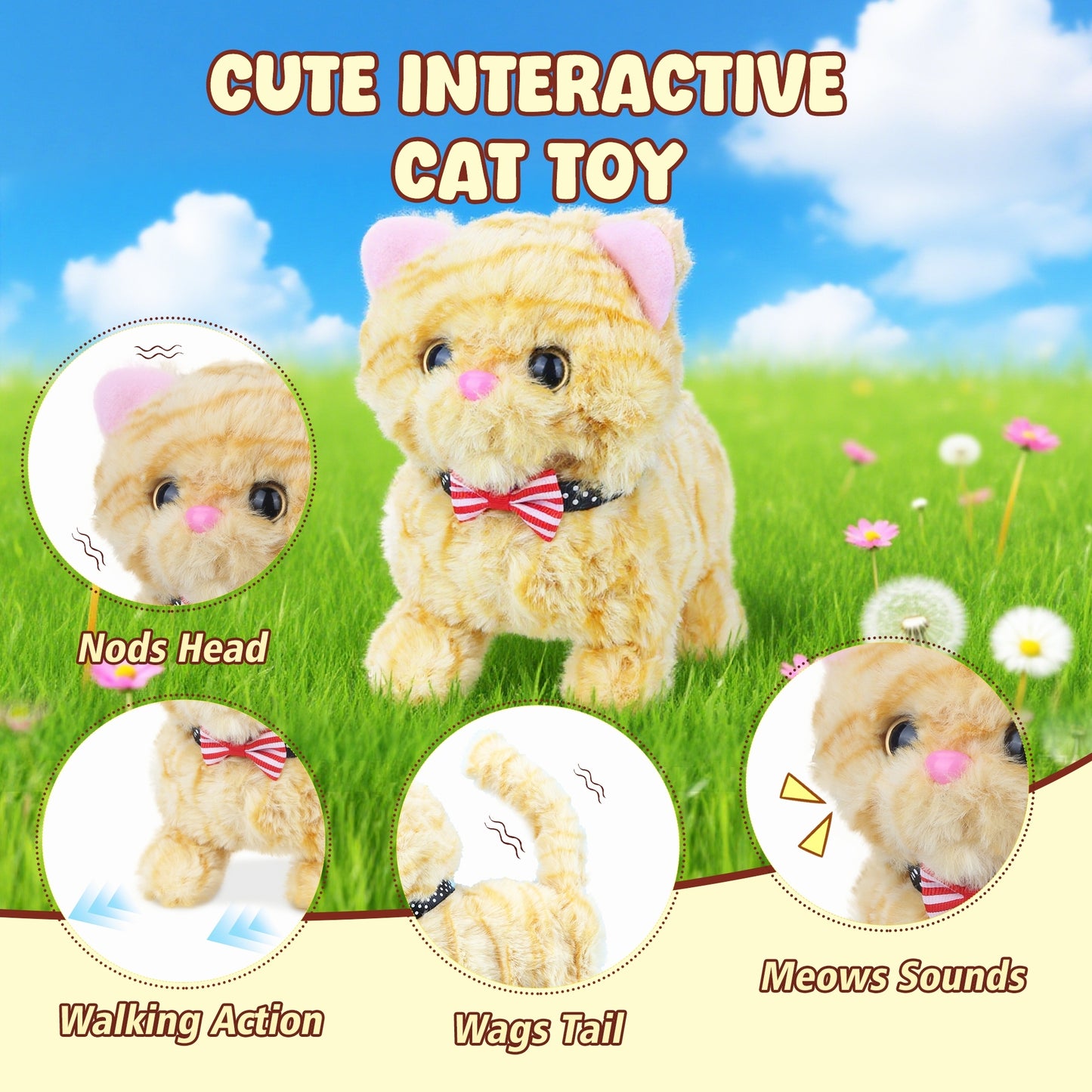 Interactive Walking Kitten Plush Toy – 7.5'' Yellow American Shorthair Cat with Meowing Sounds, Wagging Tail & Head Shaking – Soft Stuffed Animal Gift for Toddlers, Kids, Boys & Girls