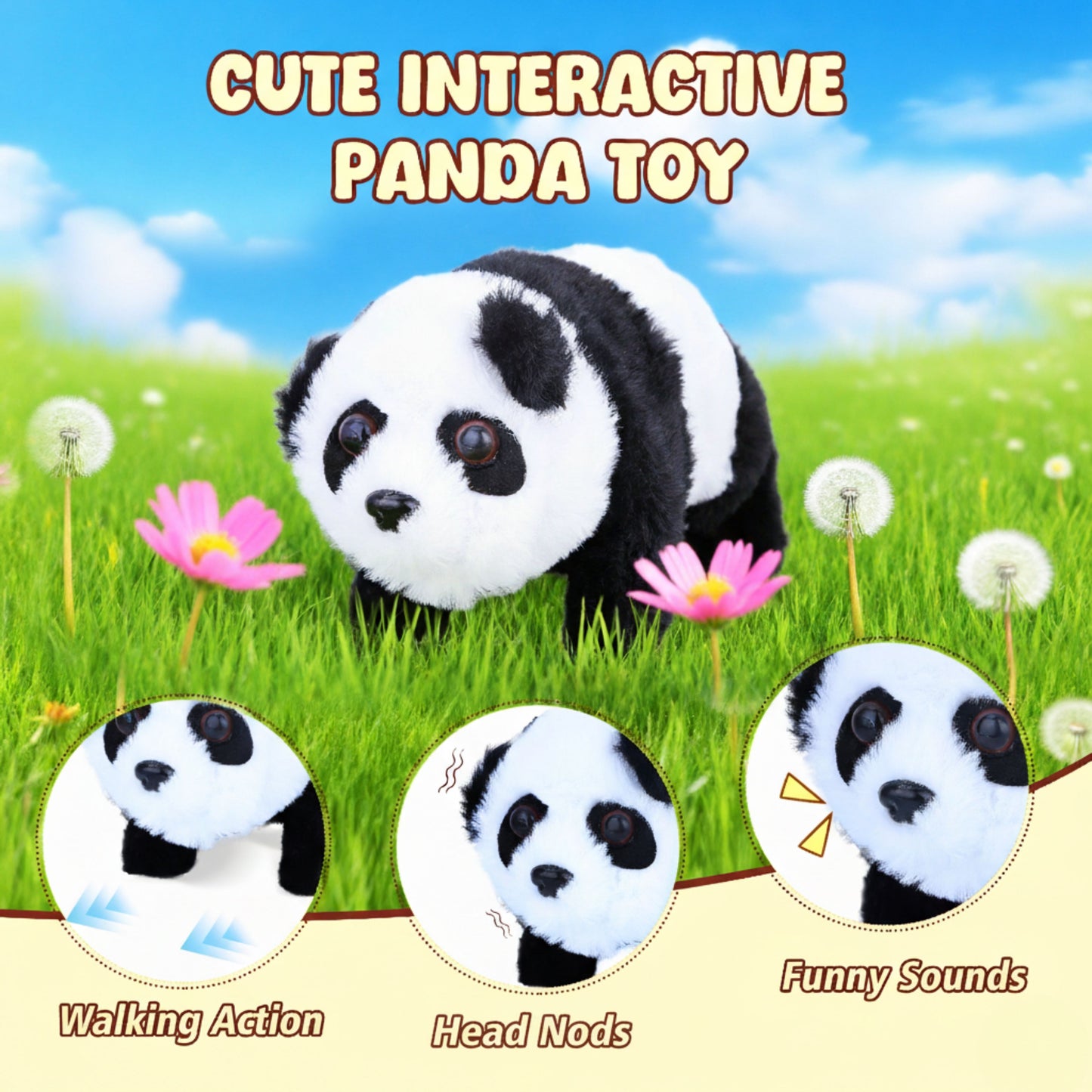 Interactive Walking Panda Plush Toy with Sound & Nodding Head – 7'' Soft Animated Stuffed Animal, Battery Operated Crawling Panda Gift for Toddlers, Kids, Boys & Girls