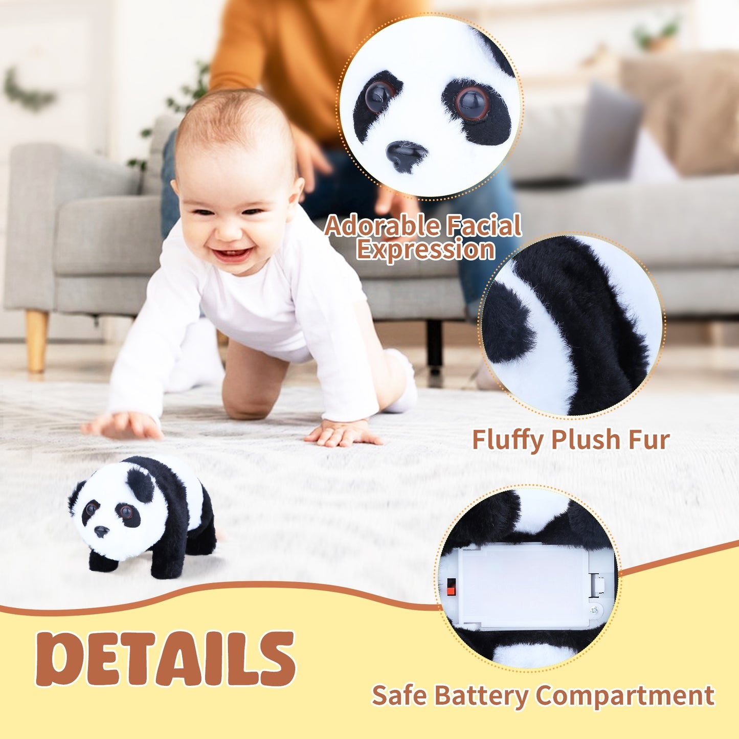 Interactive Walking Panda Plush Toy with Sound & Nodding Head – 7'' Soft Animated Stuffed Animal, Battery Operated Crawling Panda Gift for Toddlers, Kids, Boys & Girls