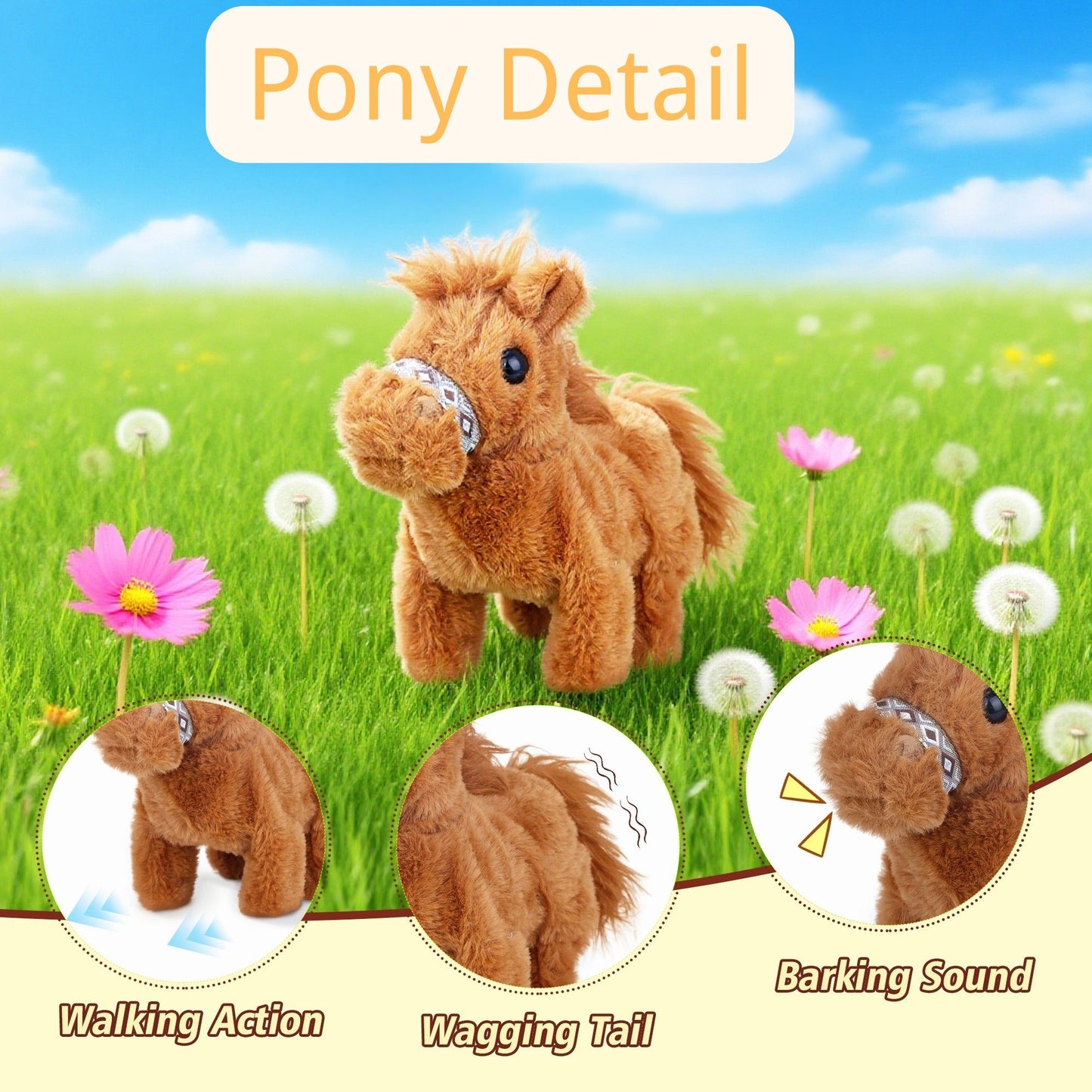 Walking Pony Toy – 7'' Interactive Horse Plush Stuffed Animal with Sound & Tail Wagging, Electric Pony Toy for Toddlers & Kids, Cute Soft Companion Gift for Girls & Boys
