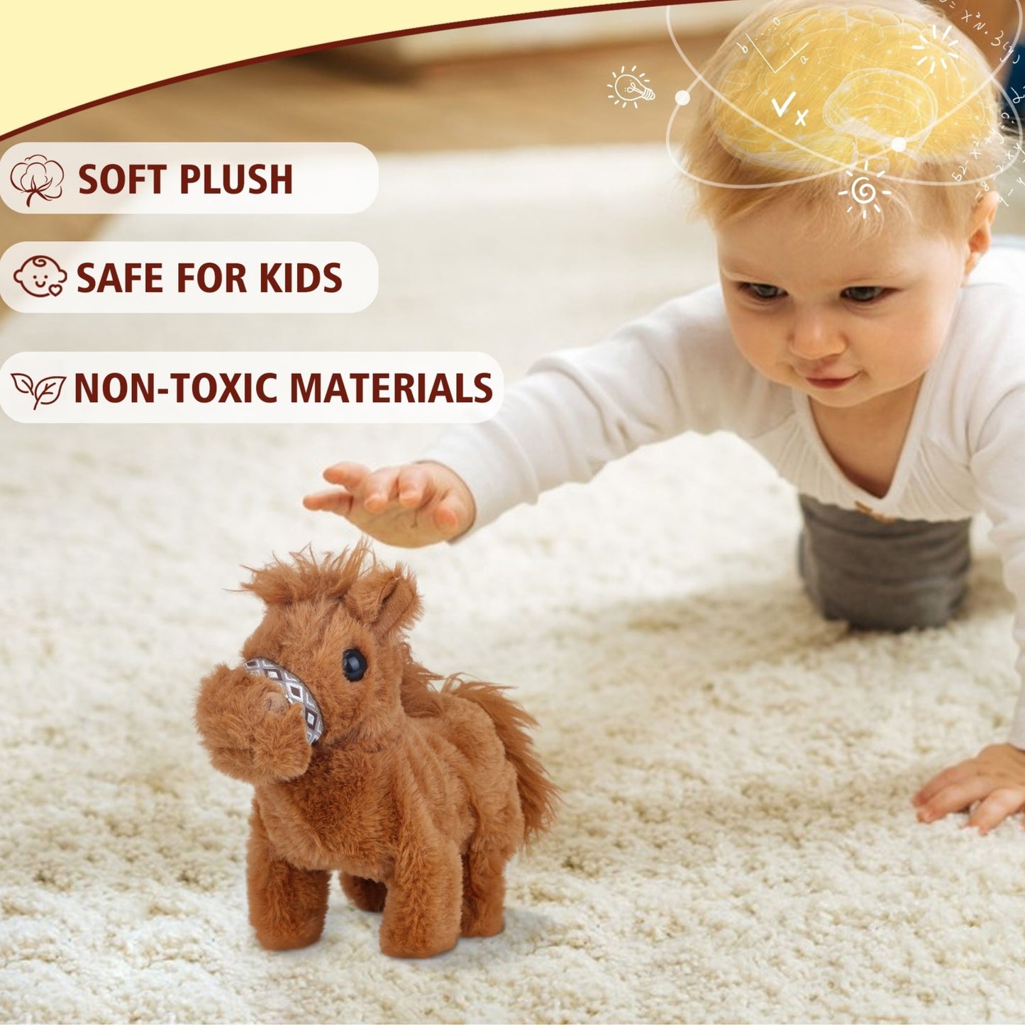 Walking Pony Toy – 7'' Interactive Horse Plush Stuffed Animal with Sound & Tail Wagging, Electric Pony Toy for Toddlers & Kids, Cute Soft Companion Gift for Girls & Boys