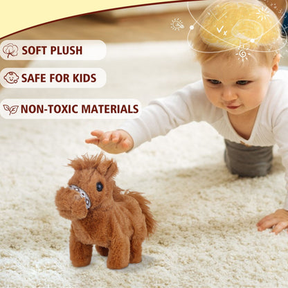 Walking Pony Toy – 7'' Interactive Horse Plush Stuffed Animal with Sound & Tail Wagging, Electric Pony Toy for Toddlers & Kids, Cute Soft Companion Gift for Girls & Boys