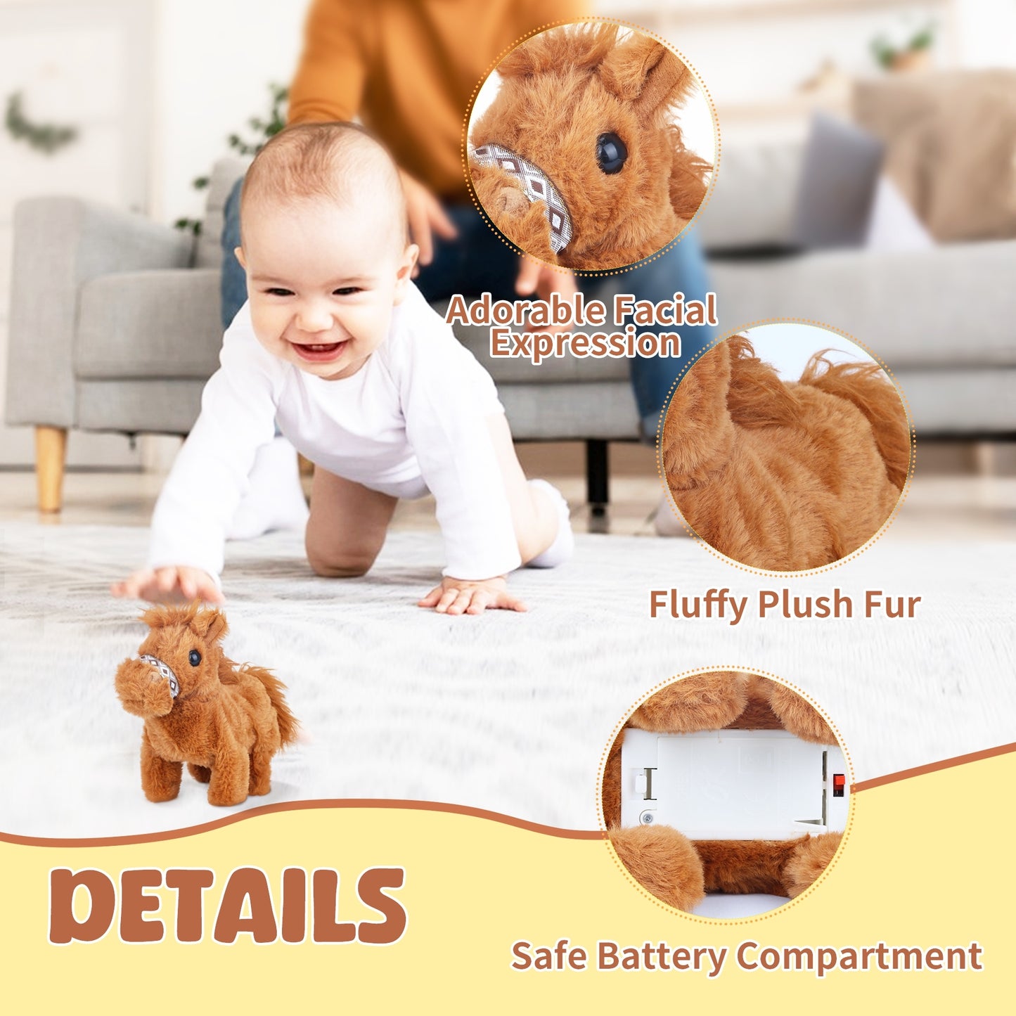 Walking Pony Toy – 7'' Interactive Horse Plush Stuffed Animal with Sound & Tail Wagging, Electric Pony Toy for Toddlers & Kids, Cute Soft Companion Gift for Girls & Boys